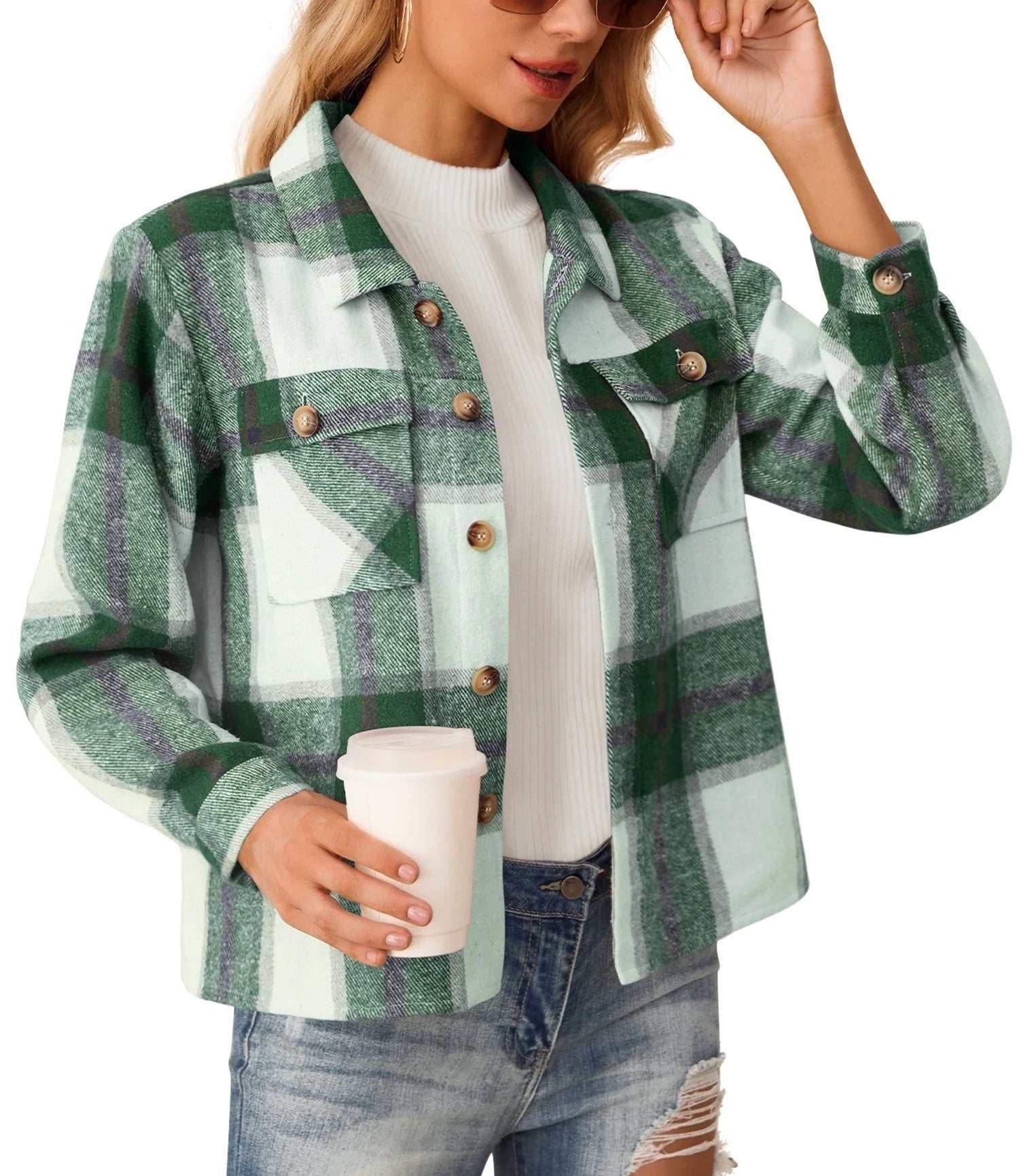 Women's plaid flannel shirt, button-down, casual and stylish outfit.