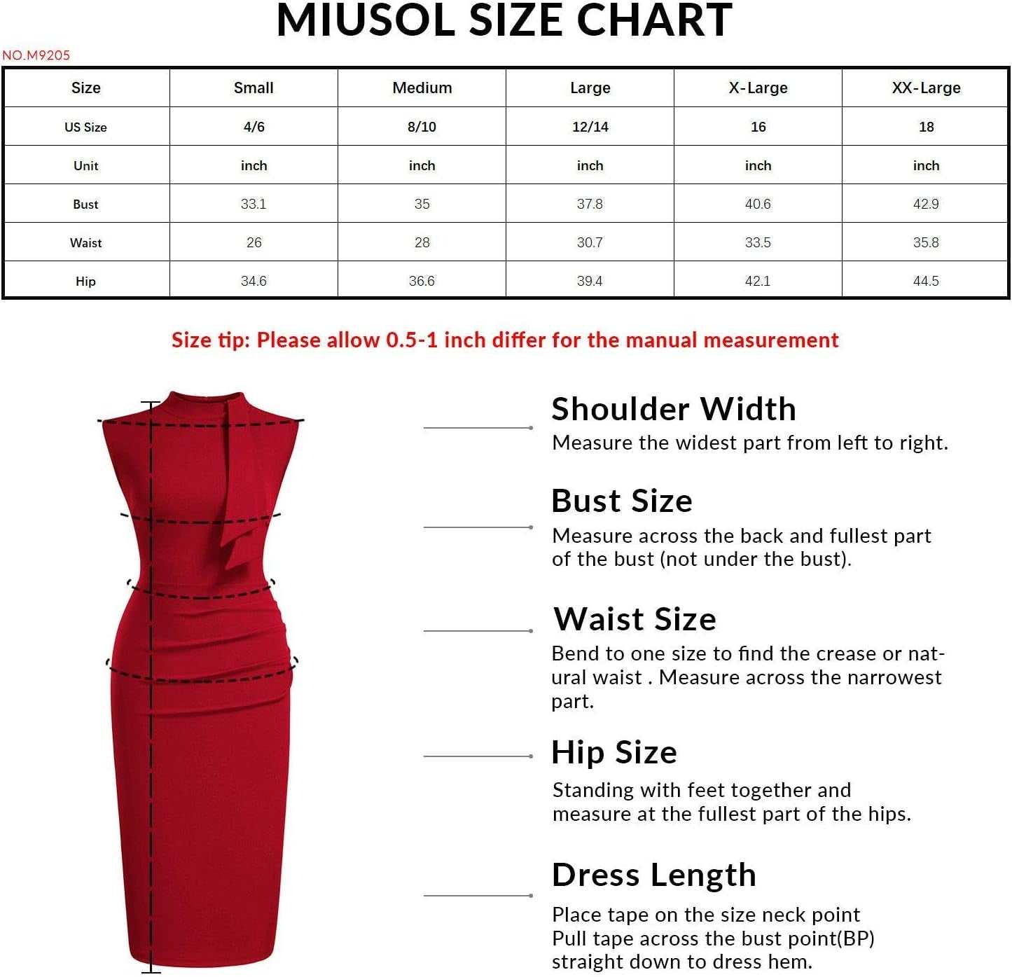 Size chart for Women's Retro 1950s Style Half Collar Ruffle Cocktail Dress with measurements for shoulder, bust, waist, hip, and dress length from small to XX-large.