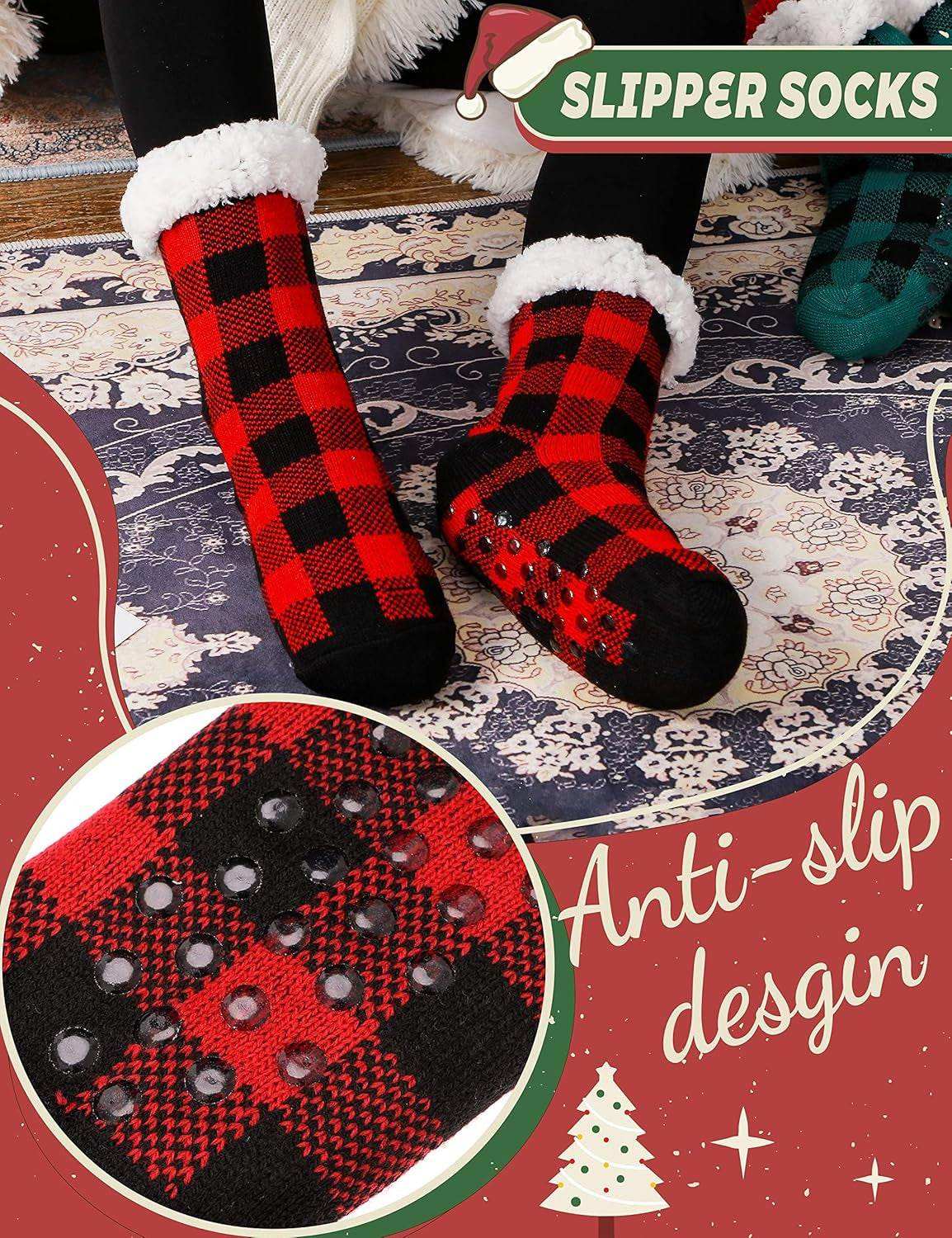 Red and black plaid fuzzy slipper socks with anti-slip grips, perfect for cozy winter warmth.