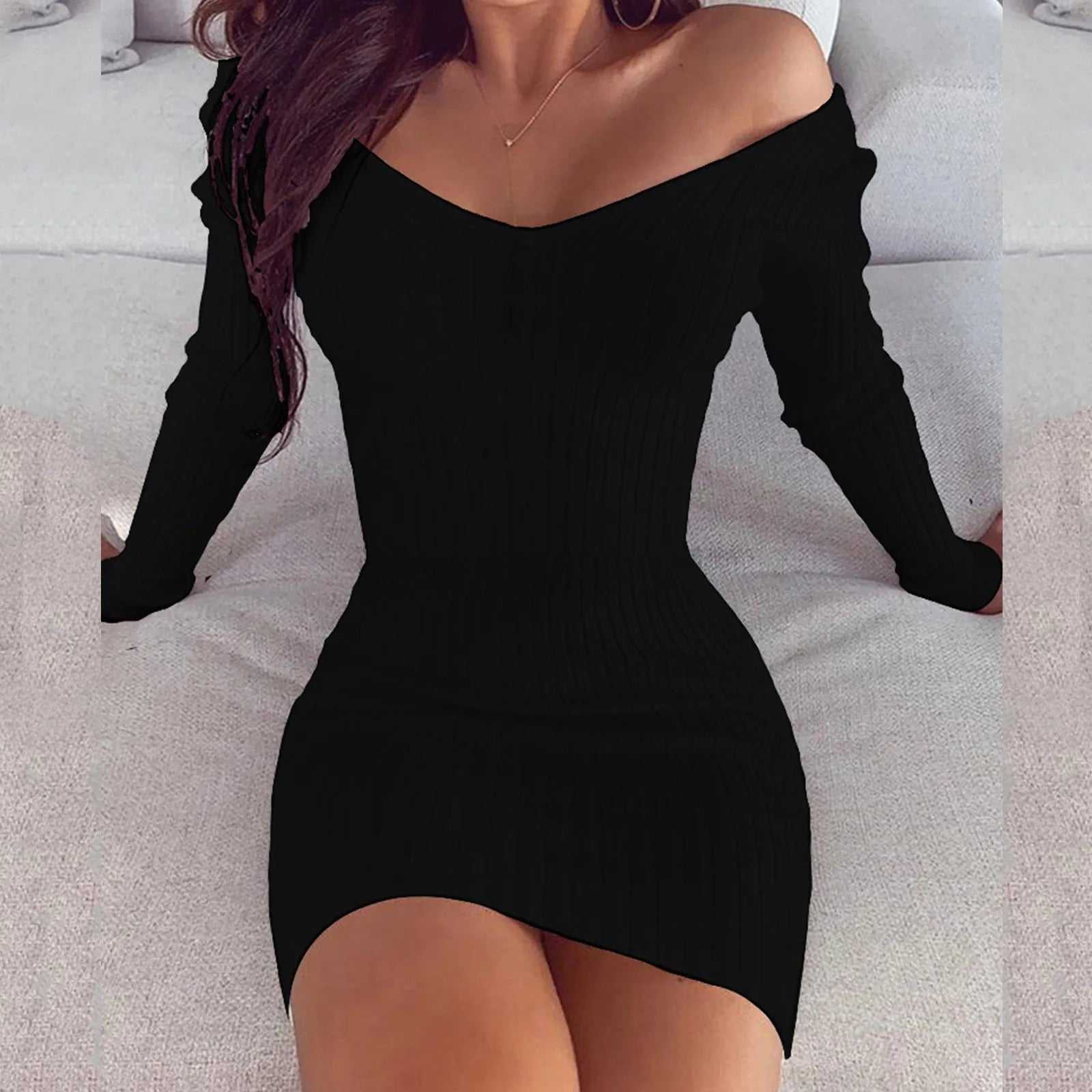 Sexy off-shoulder long sleeve black sweater dress for women, flattering fit, perfect for spring and autumn.