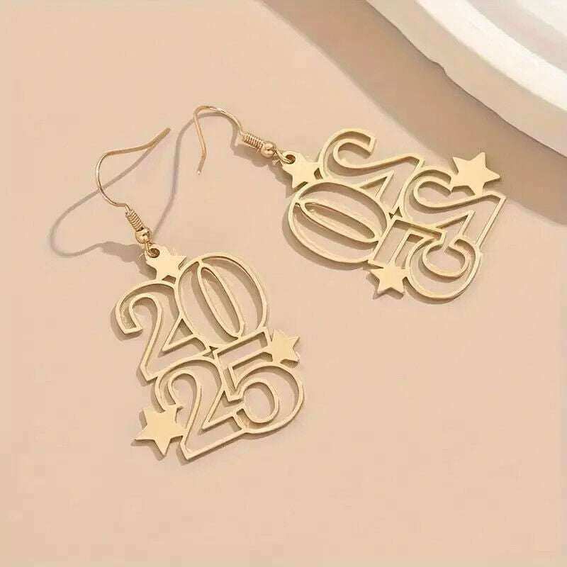 2025 New Year's Eve golden drop and dangle earrings with star design on beige background.