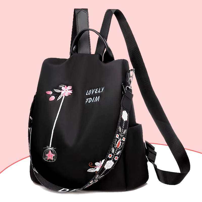 Women's fashion backpack with embroidery, anti-theft design, and waterproof features.