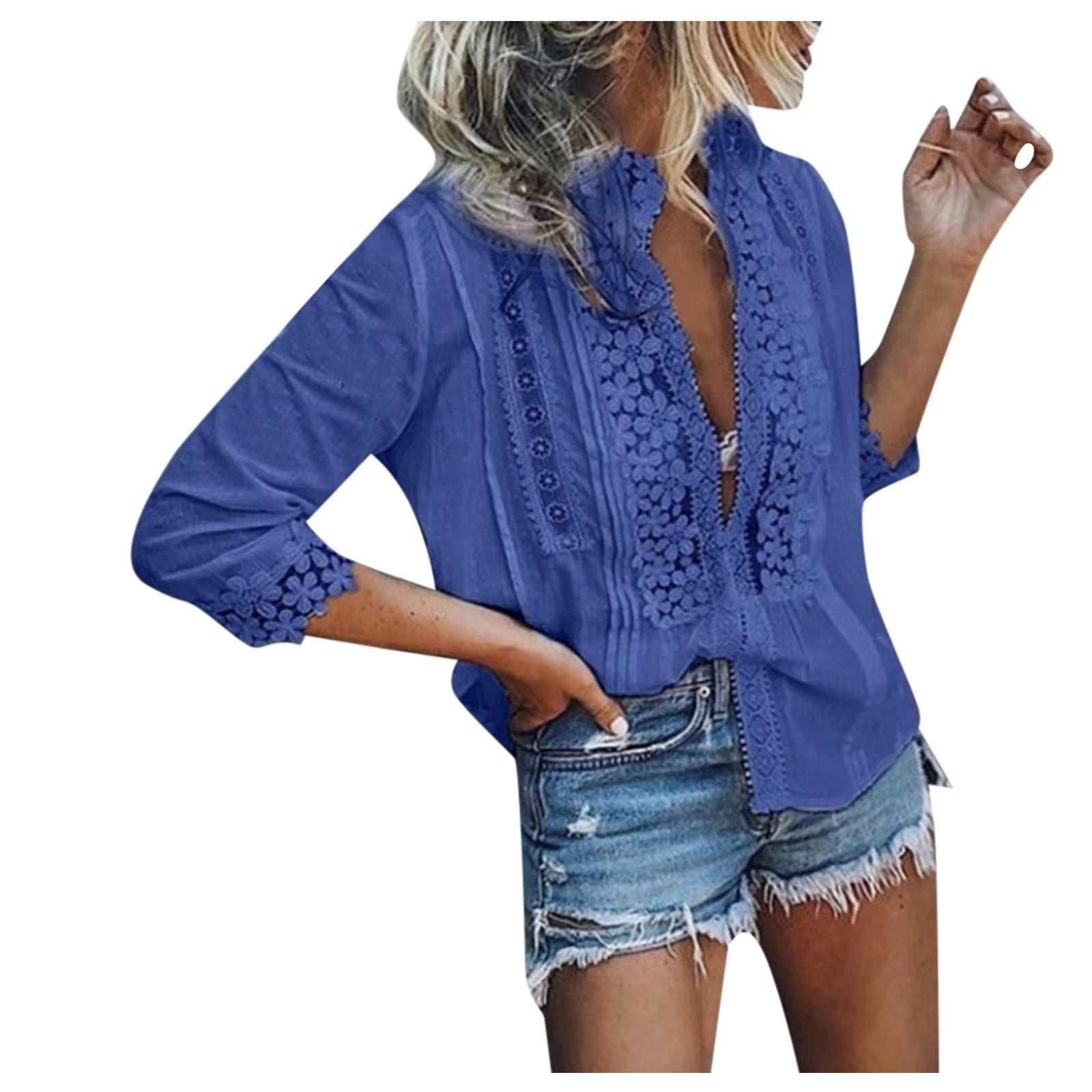 Women's fashion casual top with V-neck and lace detailing, paired with denim shorts.