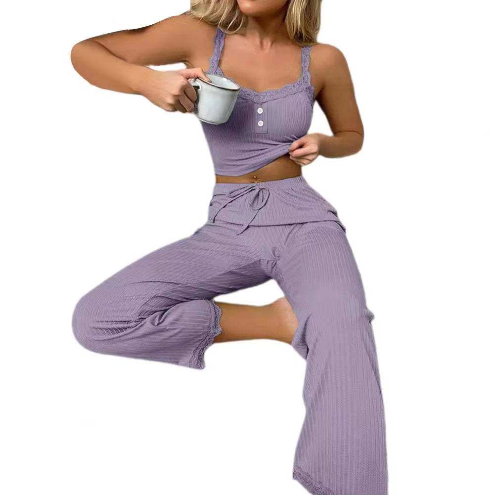 Women's summer lace pajamas set with halter top and high-rise long trousers.