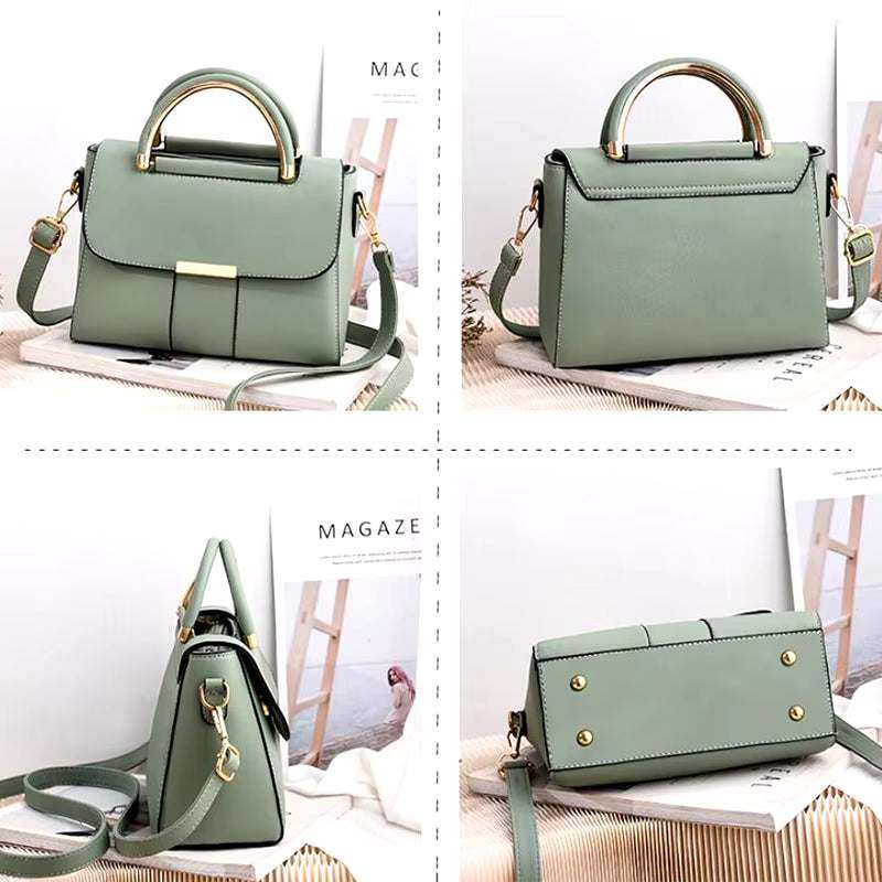 Small green PU leather handbag for women with shoulder strap and gold accents.