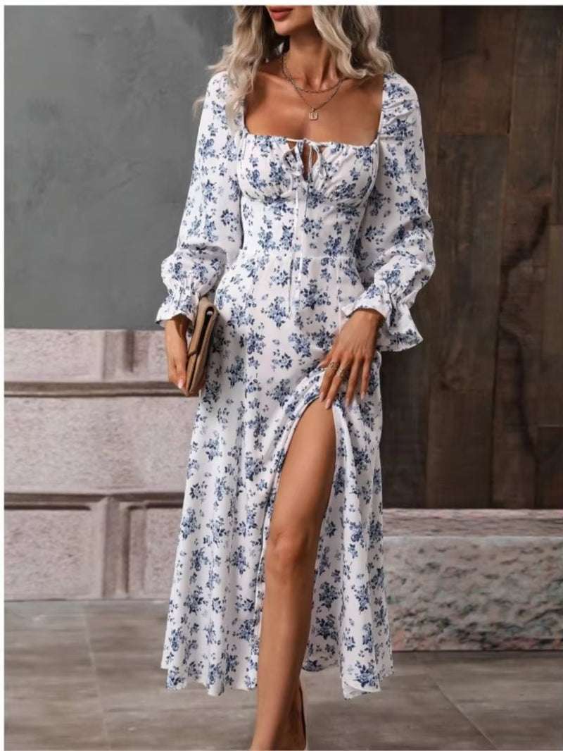 Women's spring fashion print split dress with square neck and wrap design.