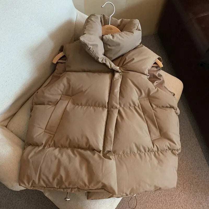 Thick warm brown Y2K down vest with stand collar, windproof design, and stylish button detail for women, ideal for casual winter wear.
