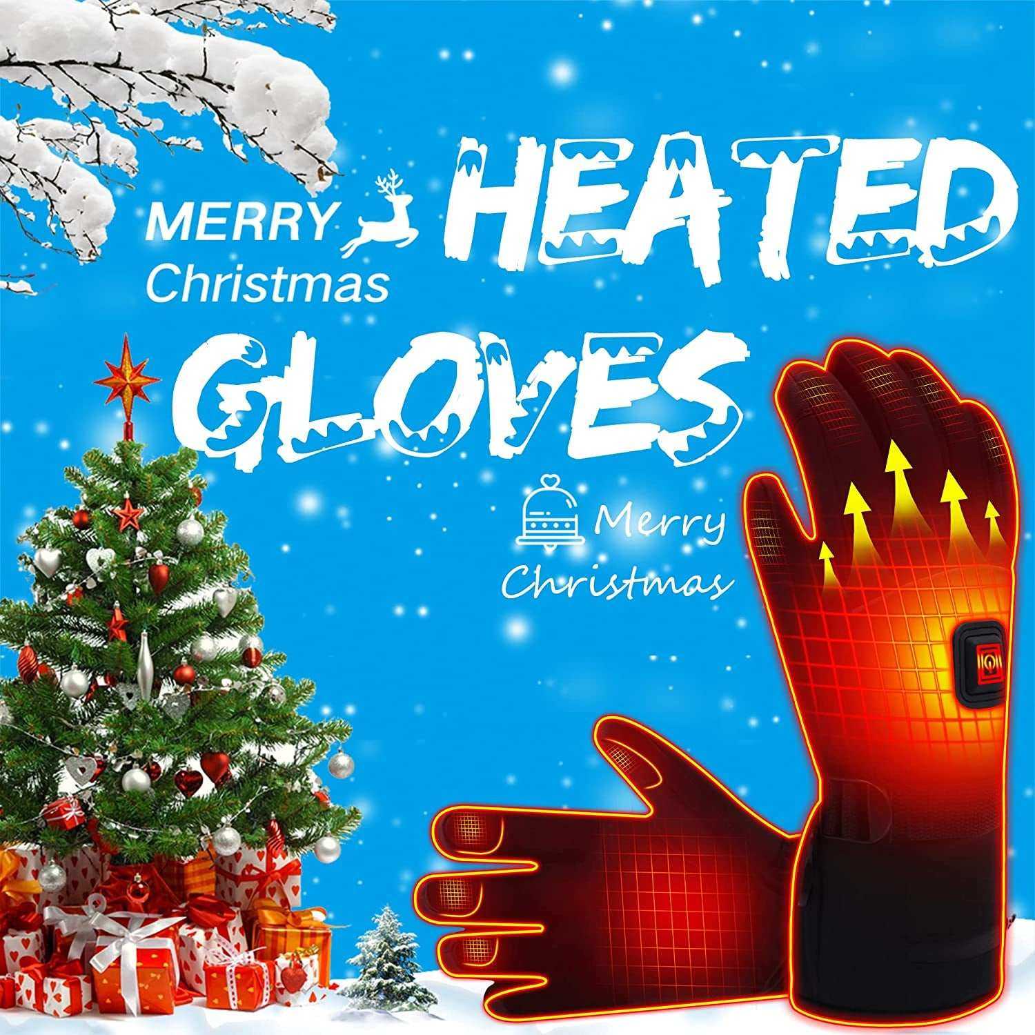 Heated thermal gloves Christmas design with snow, tree, and presents.