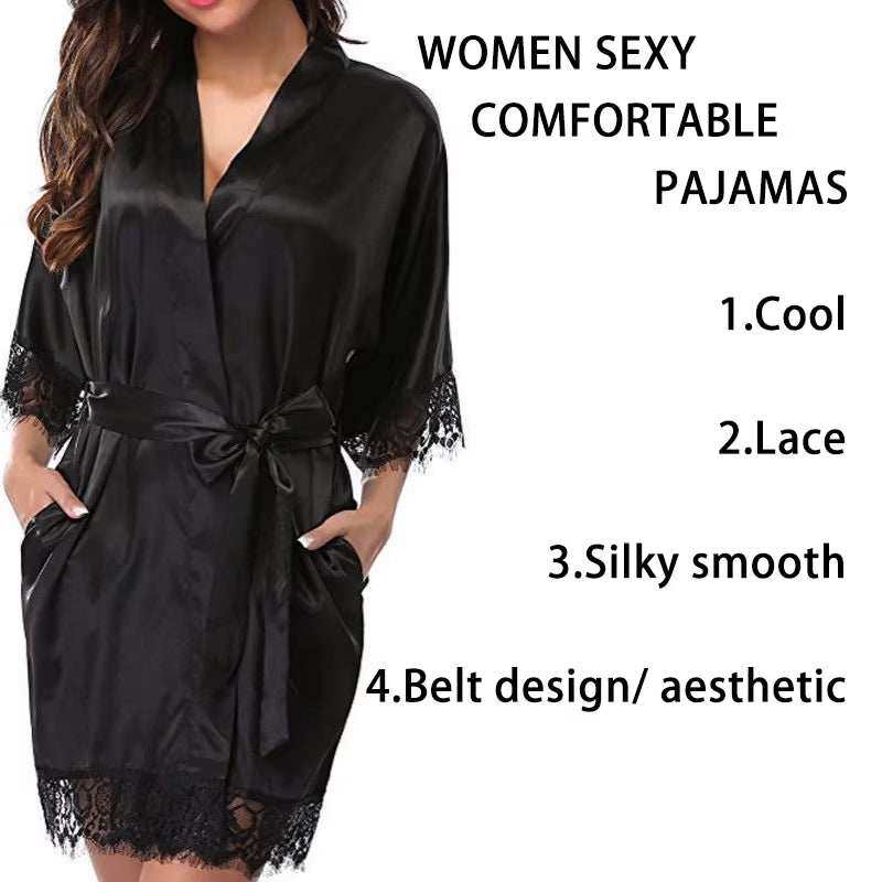 Women's black silk lace pajamas robe with belt design, featuring half sleeves and silky smooth fabric for a comfortable and elegant sleepwear experience.