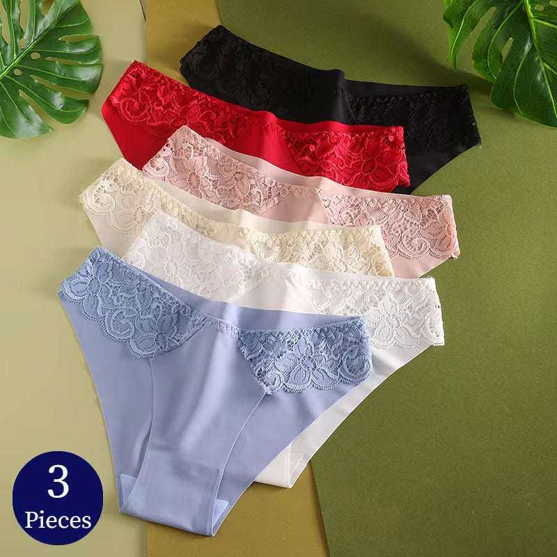 3-piece sexy women's underwear set with lace trim in various colors displayed on a green backdrop.
