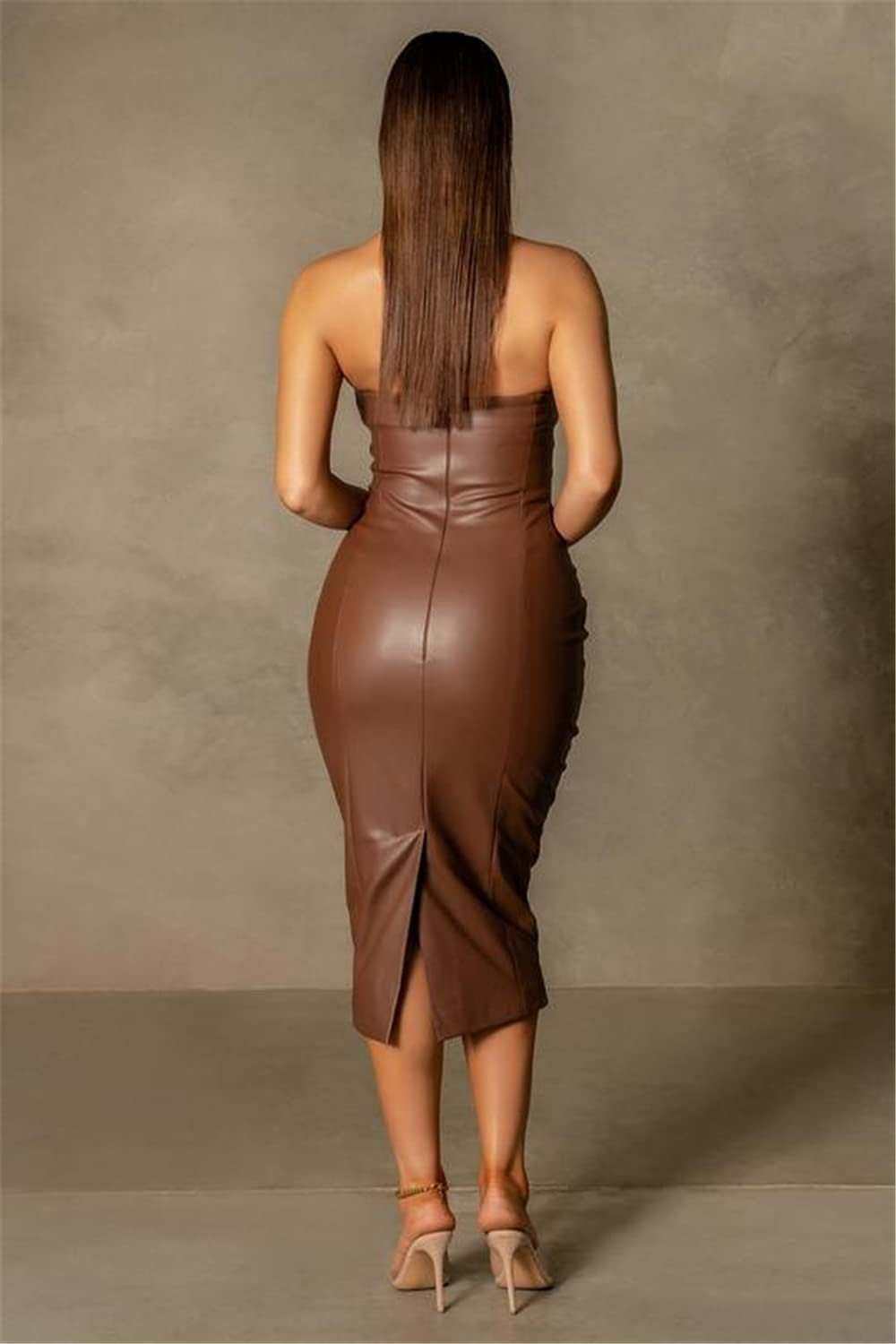 Women strapless dress, brown bodycon, off shoulder, midi length, elegant party wear.