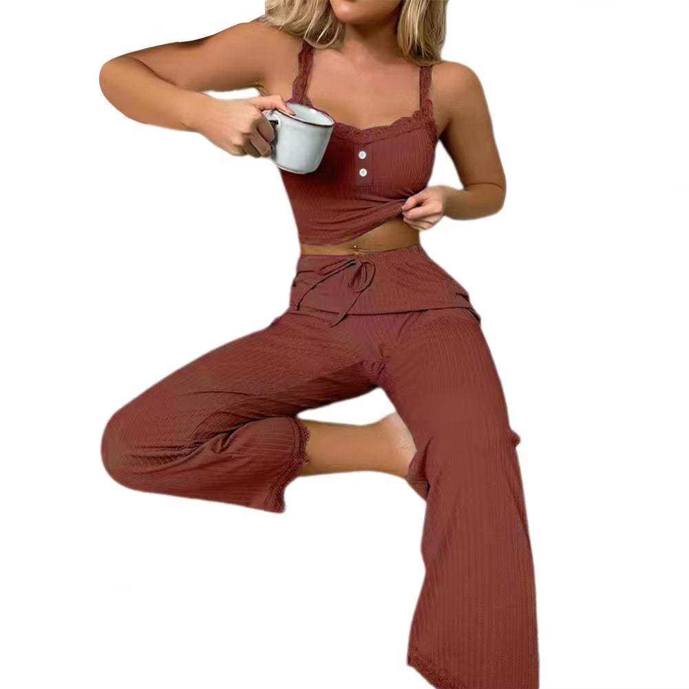 Women's sleep lounge sexy casual pajama set with lace halter top and high-rise long trousers.