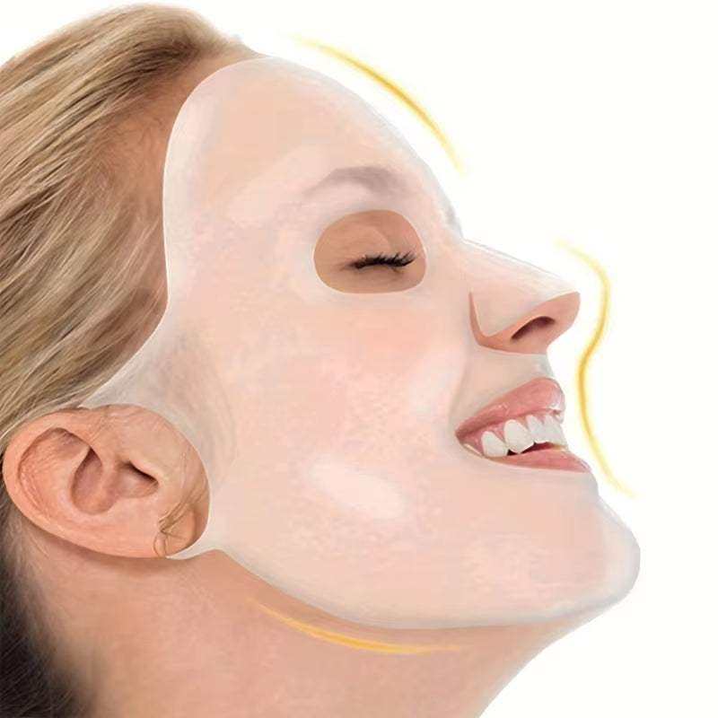 3D silicone face cover worn by a smiling woman, enhancing skincare absorption.