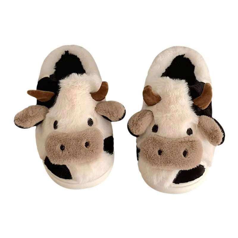 Women's fuzzy cow design slides, warm plus lined house slippers, closed toe.