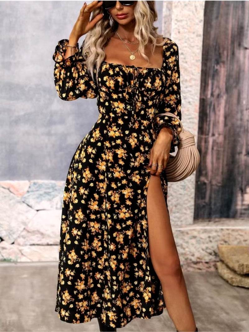 Women's spring fashion print split dress with square neck and wrap design.
