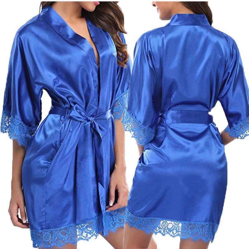 Women's blue silk pajamas robe with lace detailing.