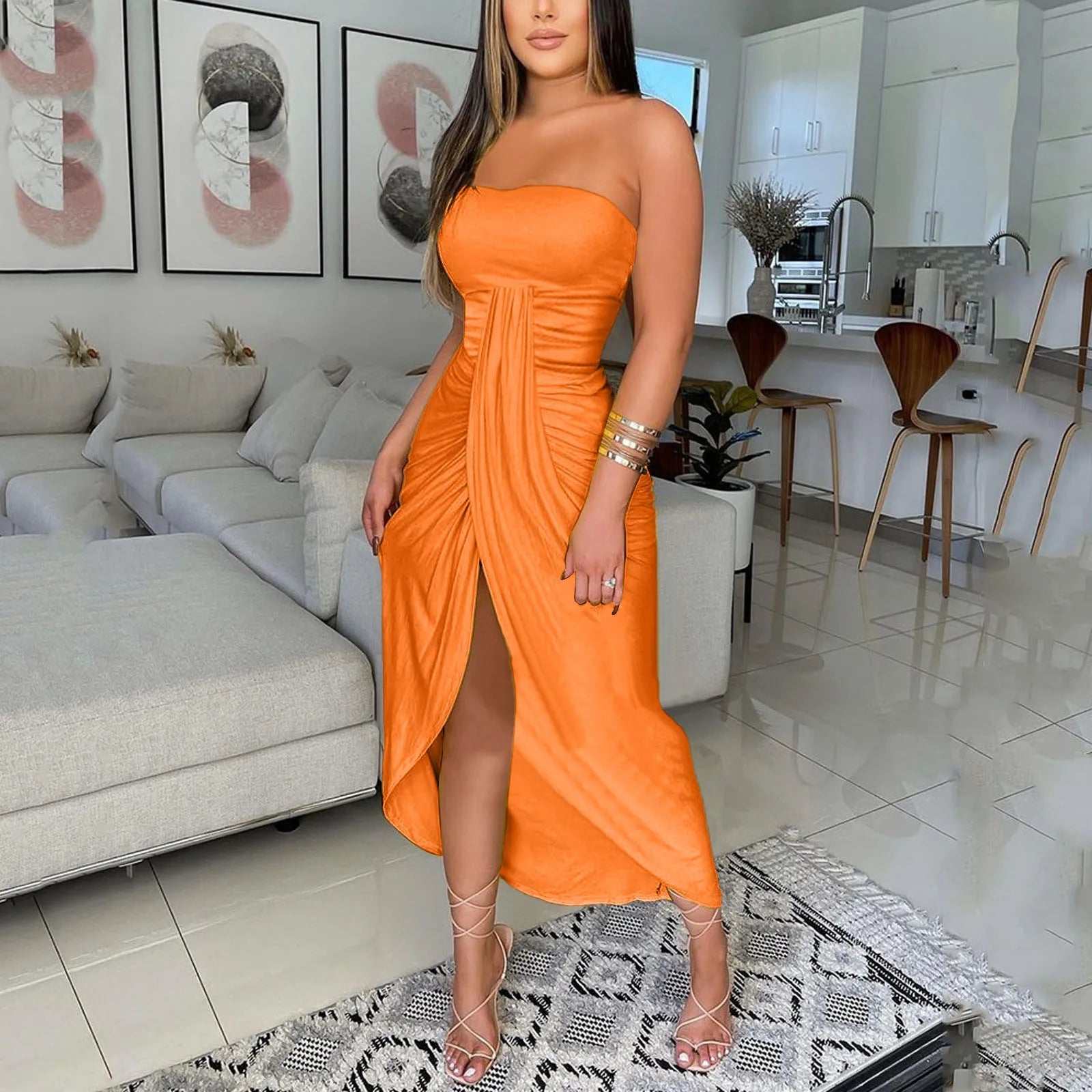 Women’s strapless bodycon slit shoulder dress for summer evening parties.