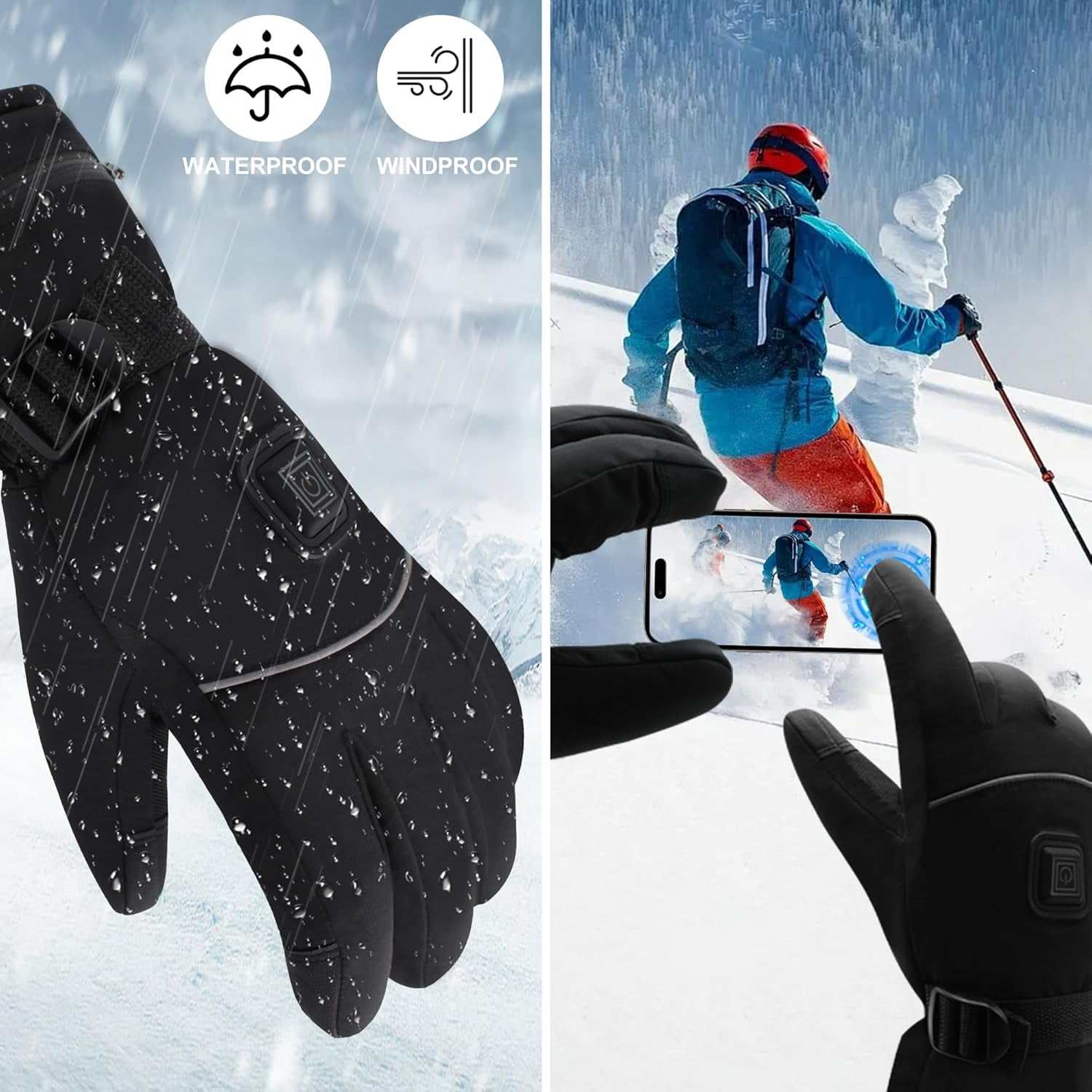 Heated thermal gloves for hiking and skiing, featuring waterproof and windproof design with touch screen compatibility.