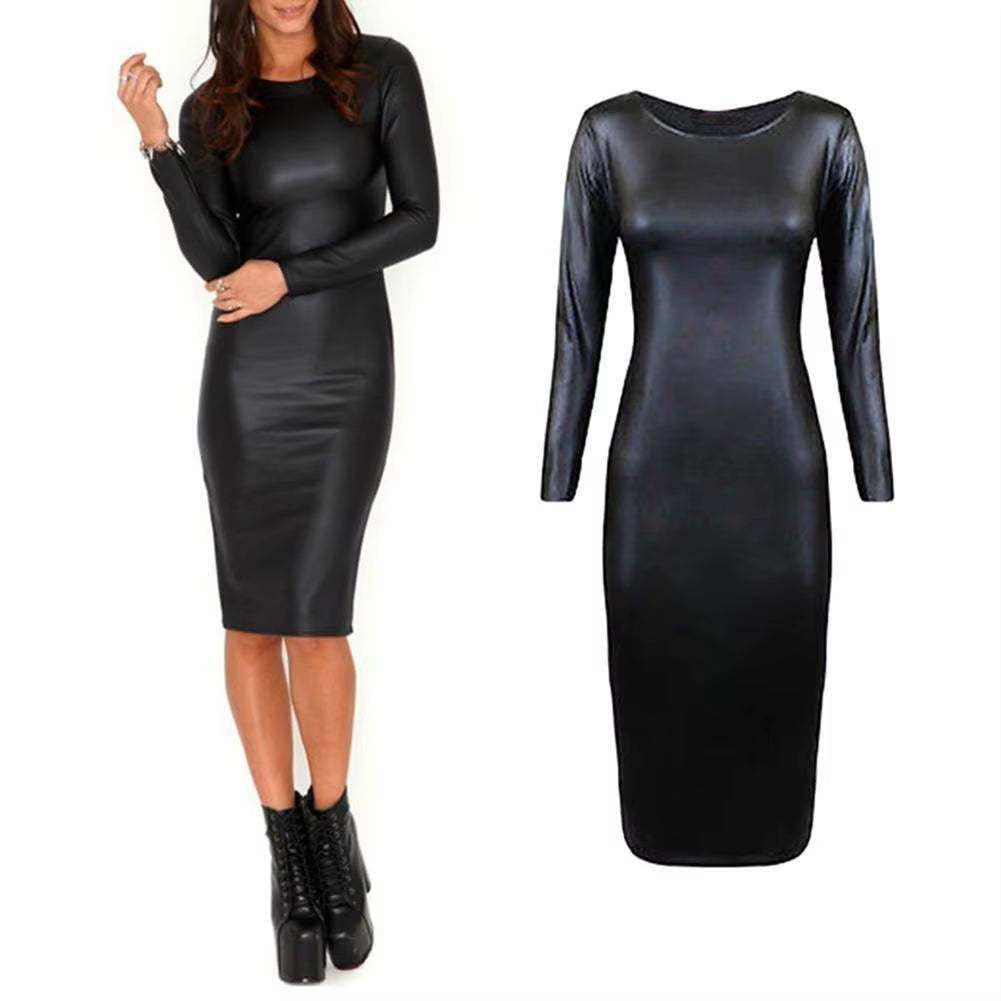 Women sexy faux leather long sleeve bodycon dress, clubwear midi outfit.