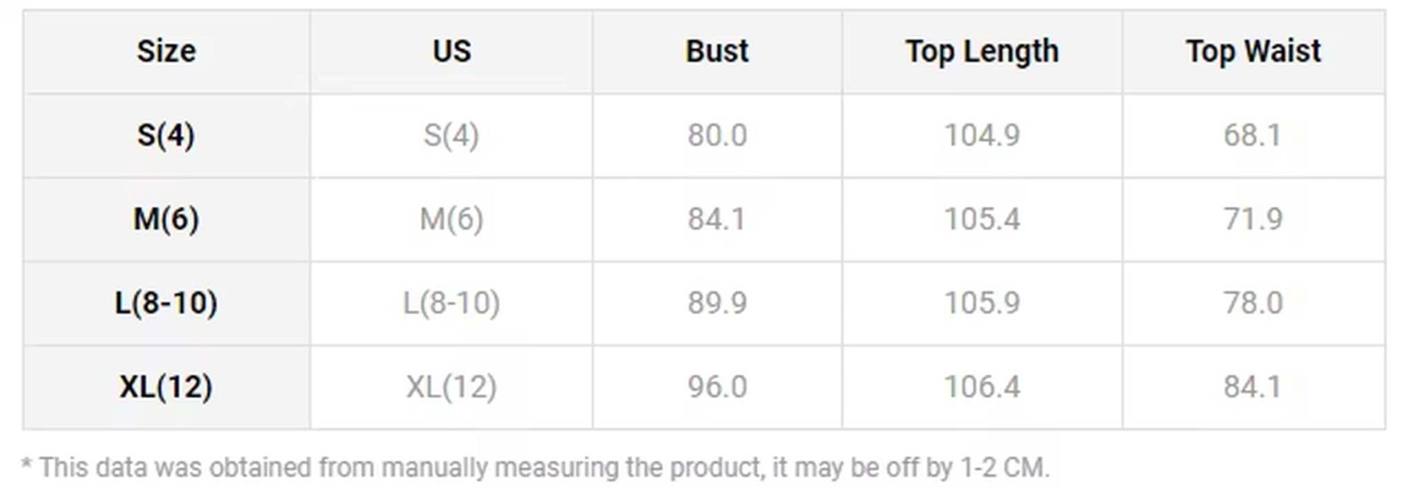 Size chart for Spaghetti Strap Dress featuring US sizes, bust, top length, and top waist measurements.