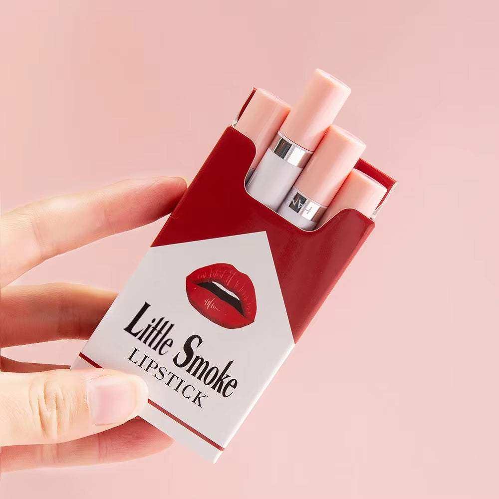 Creative Cigarette Lipstick Set in red and white packaging, featuring 4 matte waterproof shades.