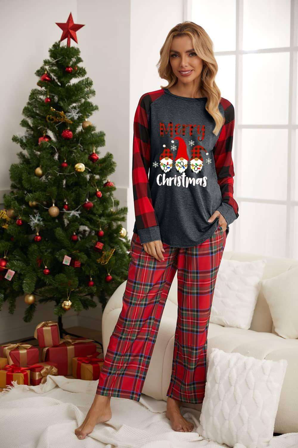 Plaid Tops Shirt Women's Christmas gnome plaid long sleeve tee with festive design.
