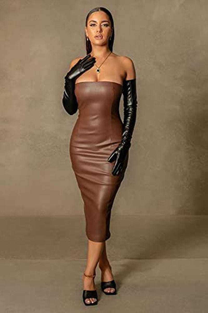Women strapless dress off shoulder bodycon party dress in brown with elegant midi length.