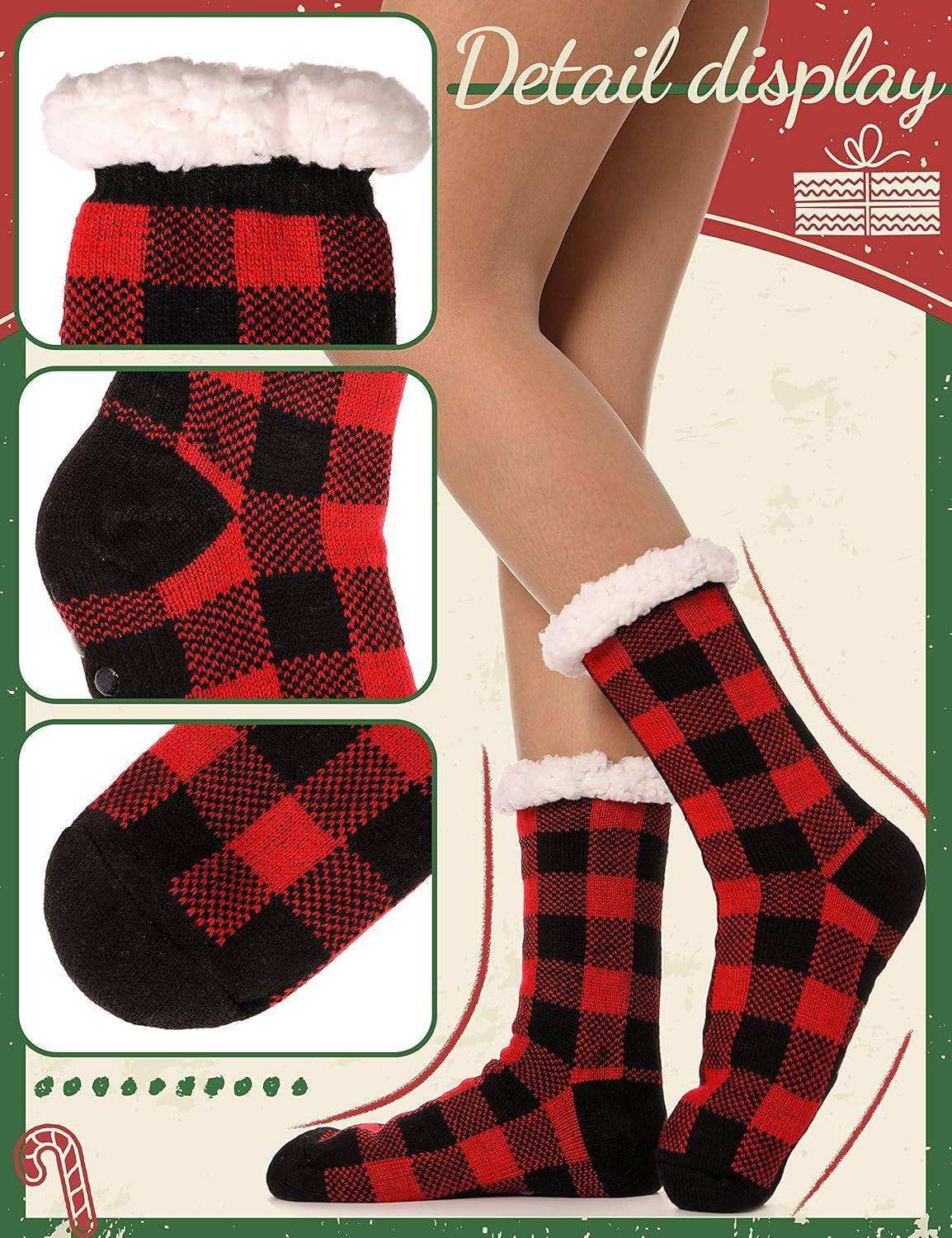 Cozy ANTSNAG women's slipper socks with red and black plaid, fluffy fleece lining, and anti-slip grips for winter comfort.