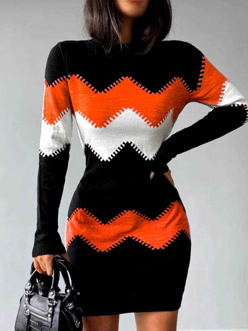 Autumn fashion knitted dress with orange and white zigzag pattern, bodycon fit.
