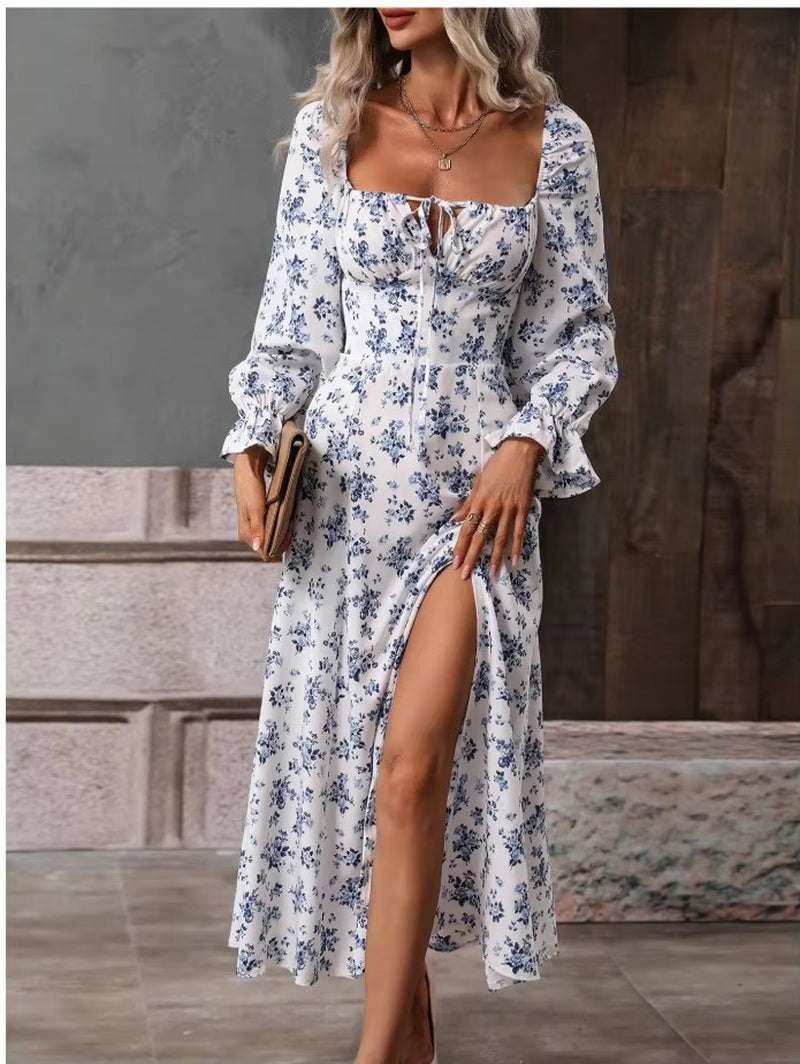 Women's spring fashion print split dress with square neck and wrap style.