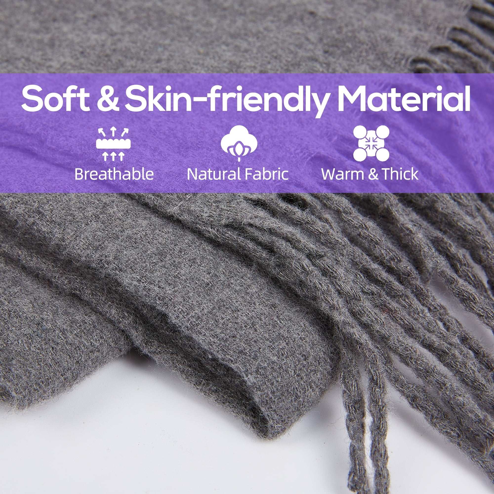 Heated scarf in soft, breathable material, showcasing qualities like natural fabric and warmth.