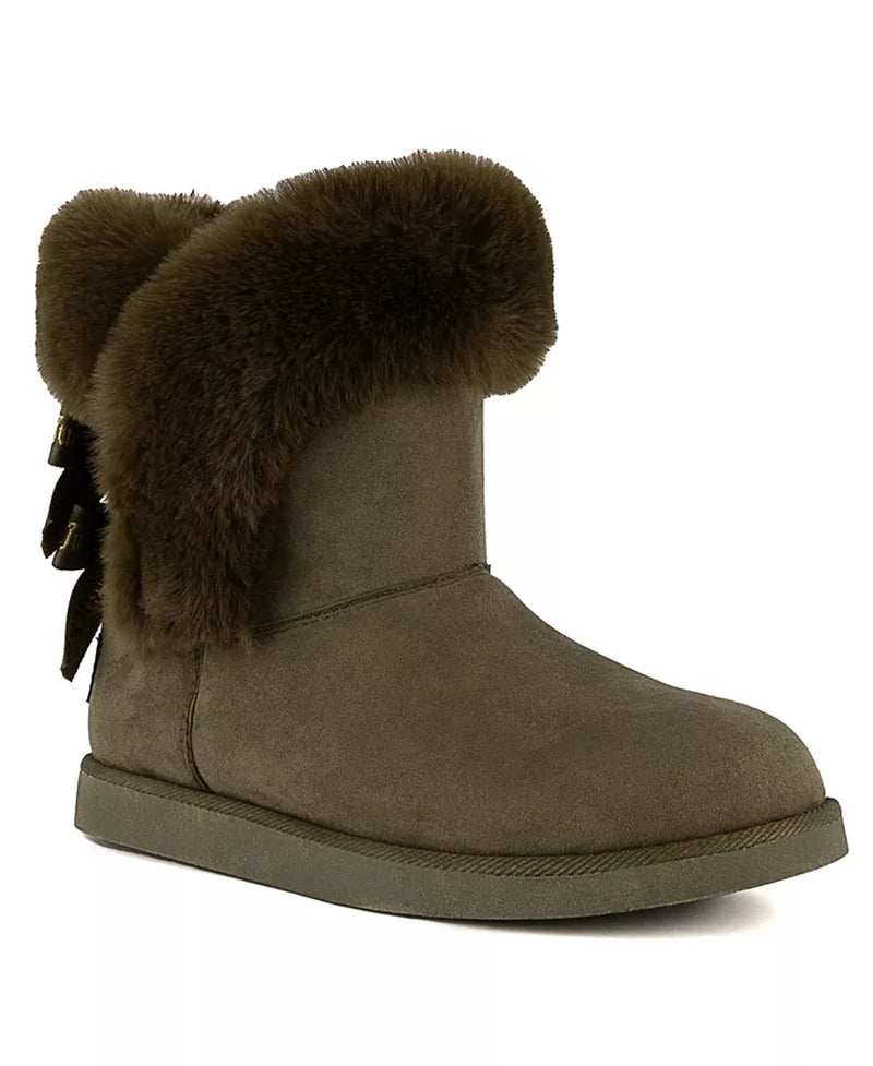 Women's King Cozy Cold Weather Boots with plush texture and Juicy Couture logo.