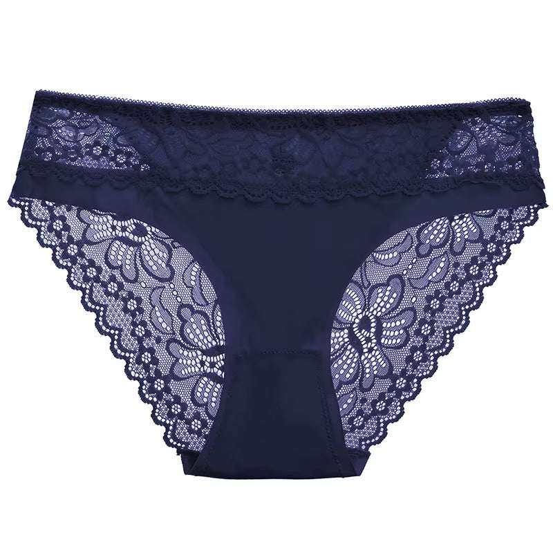 Women's sexy lingerie panties with lace and silk satin design.