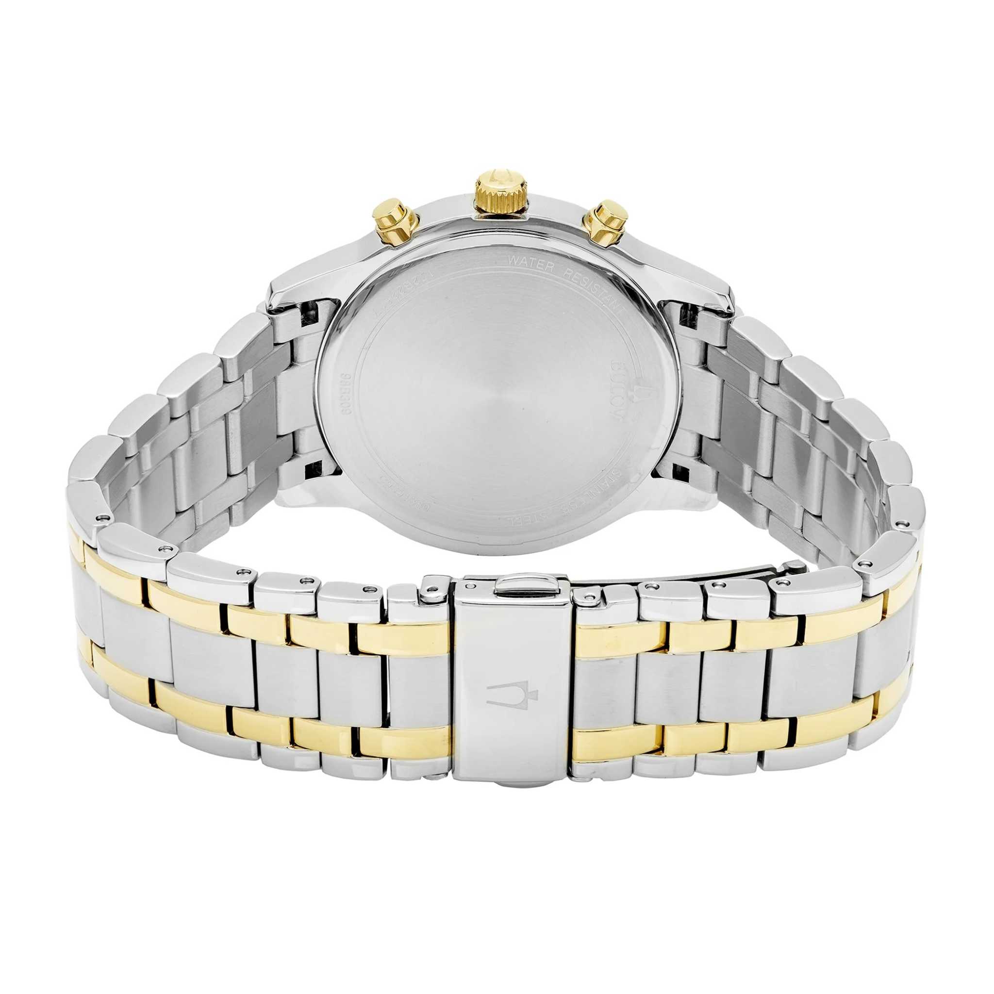 Men's two-tone bracelet watch with silver-tone stainless steel and gold accents, chronograph functionality.