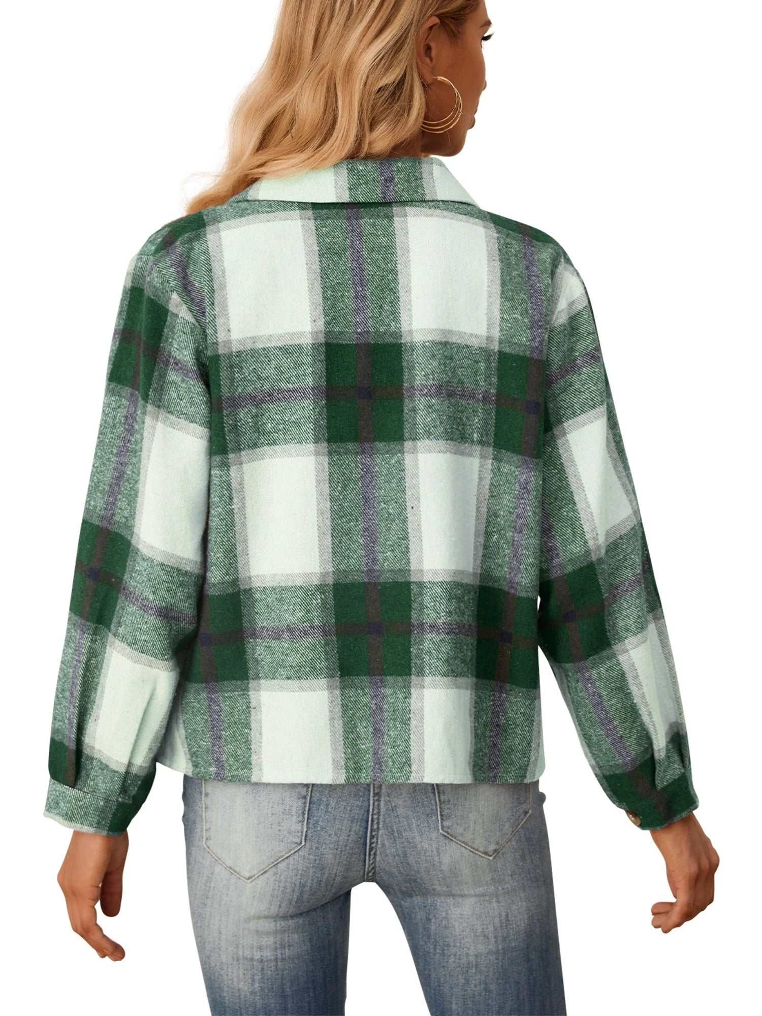 Plaid green flannel shirt for women with button closure and relaxed fit.