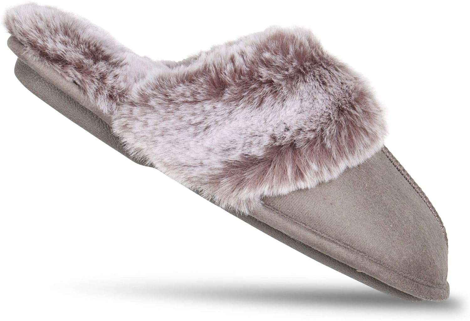 Women Slipper faux fur house slipper with anti-skid sole and memory foam cushioning.