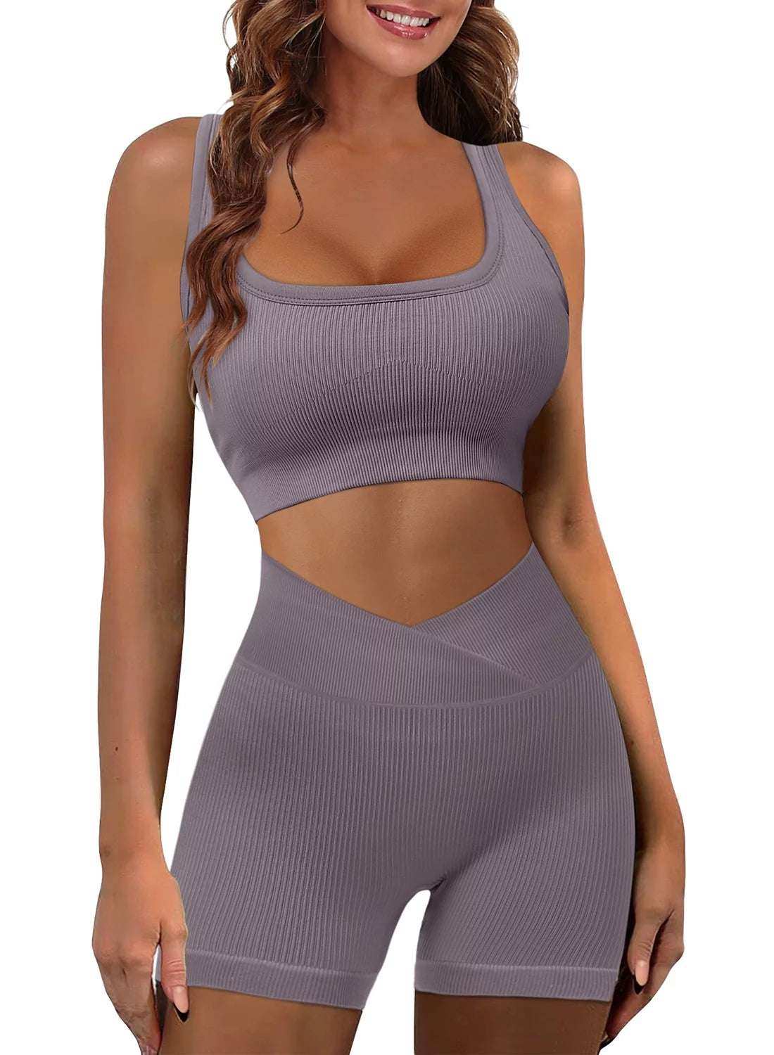 Women 2 piece yoga suit workout set in gray with ribbed fabric, featuring a large neckline and exposed waist.