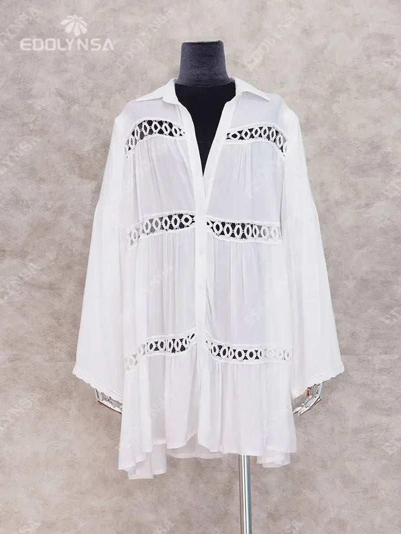 Women's white swimsuit cover-up tunic dress with Mandarin sleeves, elegant beachwear.