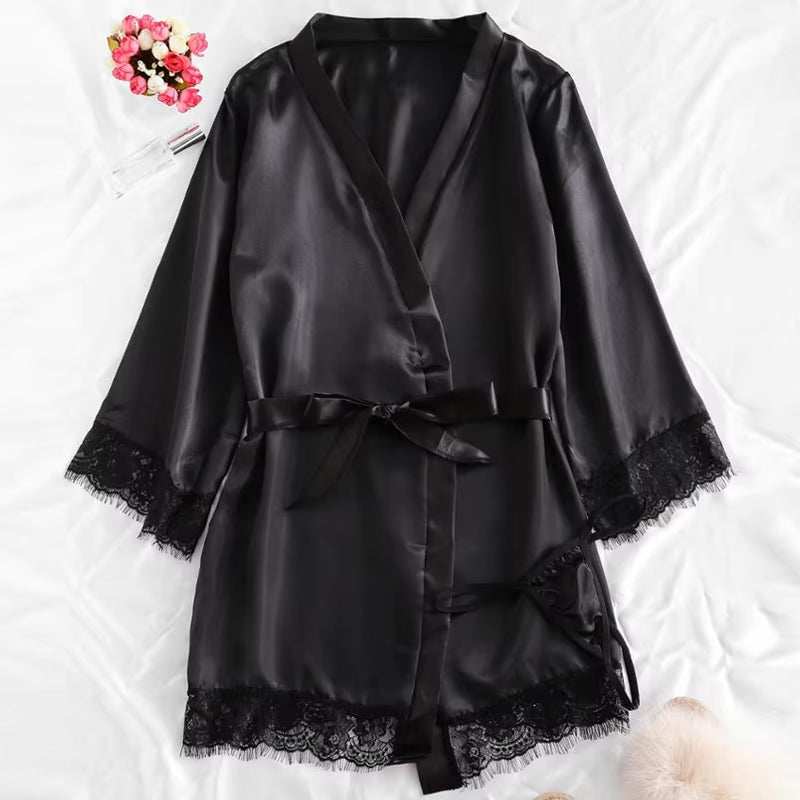Black sexy satin and lace robe from 4-piece underwear set, luxurious design.