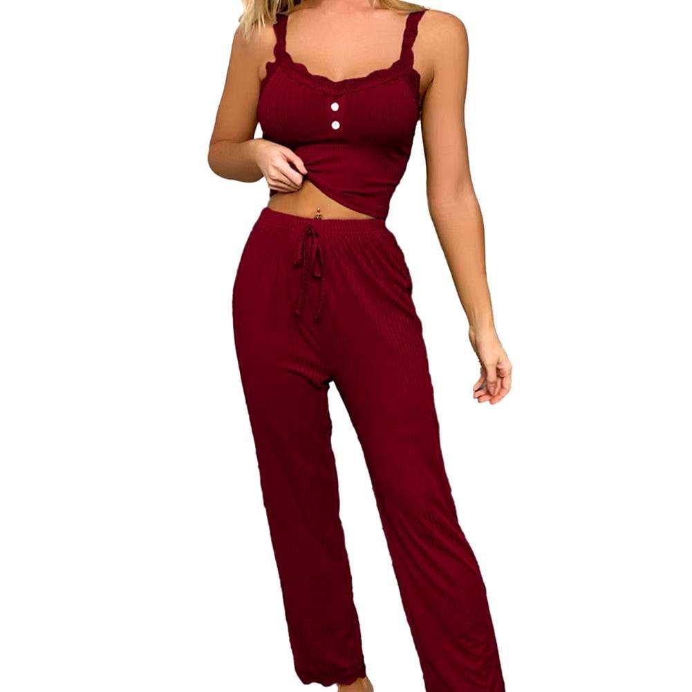Women's Sleep Lounge Sexy Casual Pajamas Set, summer lace patchwork halter top, high-rise long trousers, breathable polyester and spandex, perfect for lounging.