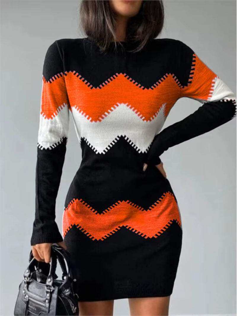 Autumn women's fashion print slim knitted dress with zigzag pattern, long sleeves and bodycon fit.