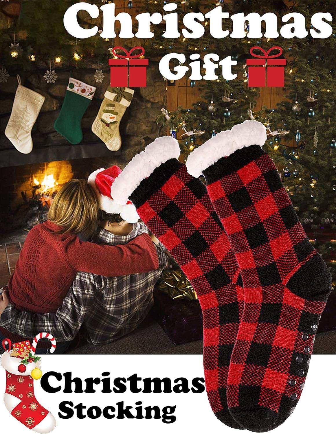 Christmas gift slipper socks with red and black checkered pattern, fluffy fleece lining, and anti-slip grips, perfect for cozy winter lounging and gifting.
