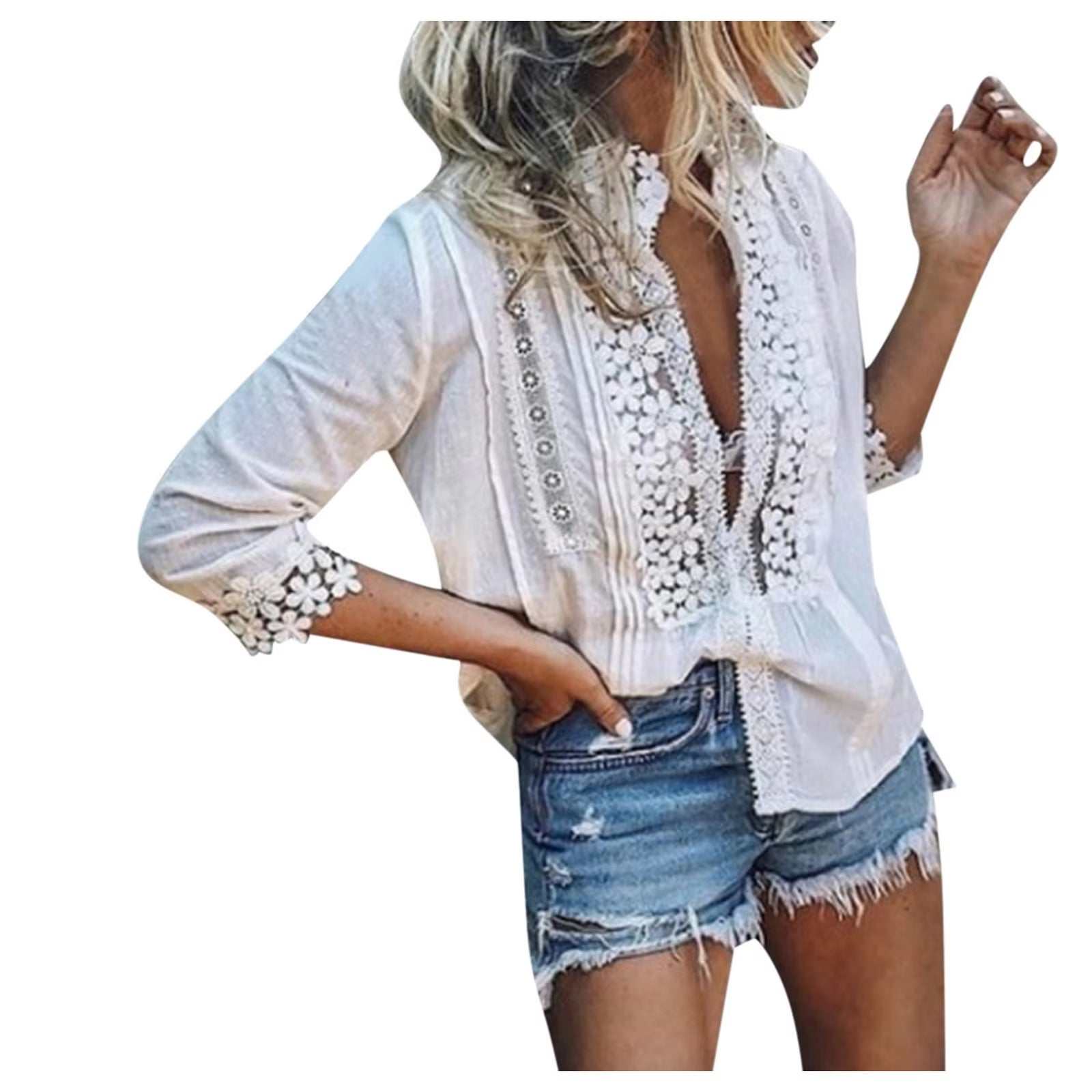 Fashion Blouses Women Solid Short Sleeve Lace Hollow Out Slim Sexy Casual Tops Office Shirts Split Half Sleeve V Neck Blouse
