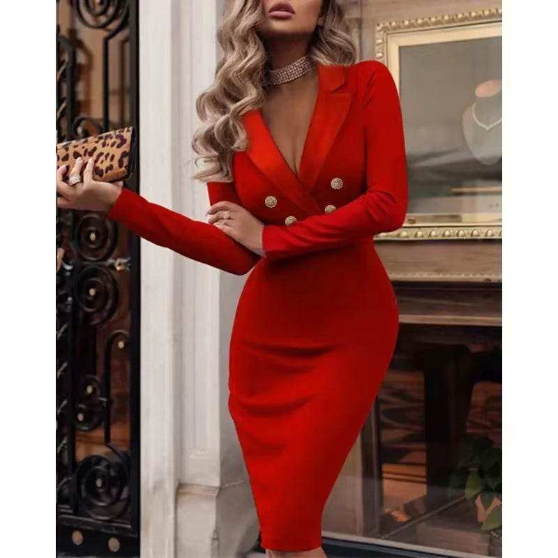 Red double-breasted dress with gold buttons, elegant business attire for women.