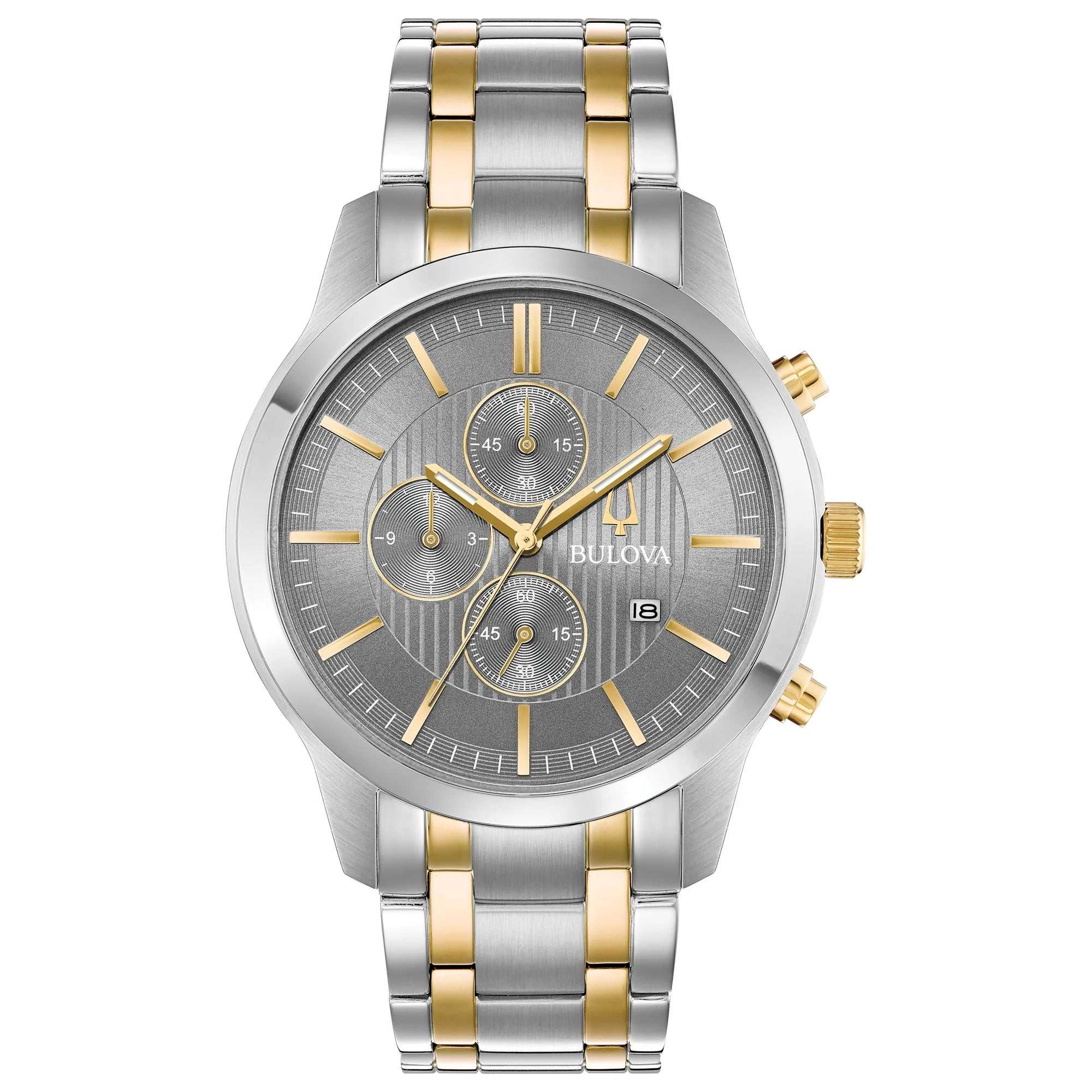 Men's two tone chronograph silver dial bracelet watch 98B309 with grey dial, stainless steel case, and date window.