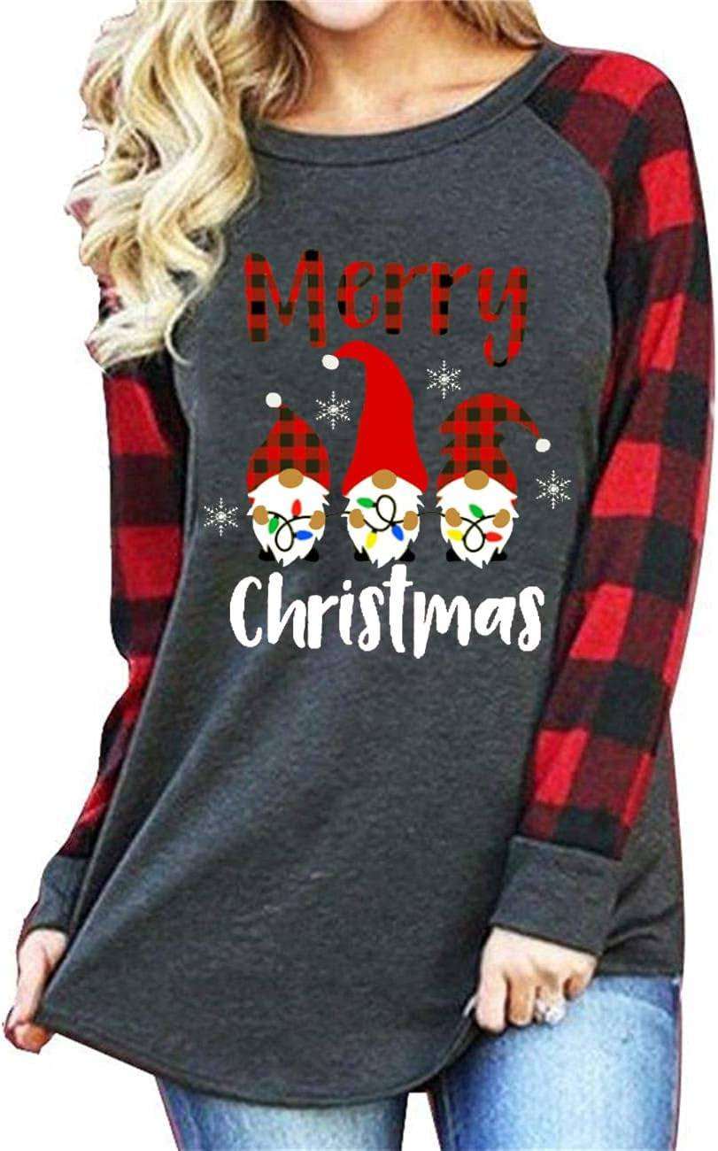 Plaid Tops Shirt Women's Christmas gnomes plaid long sleeve shirt, festive holiday tee.