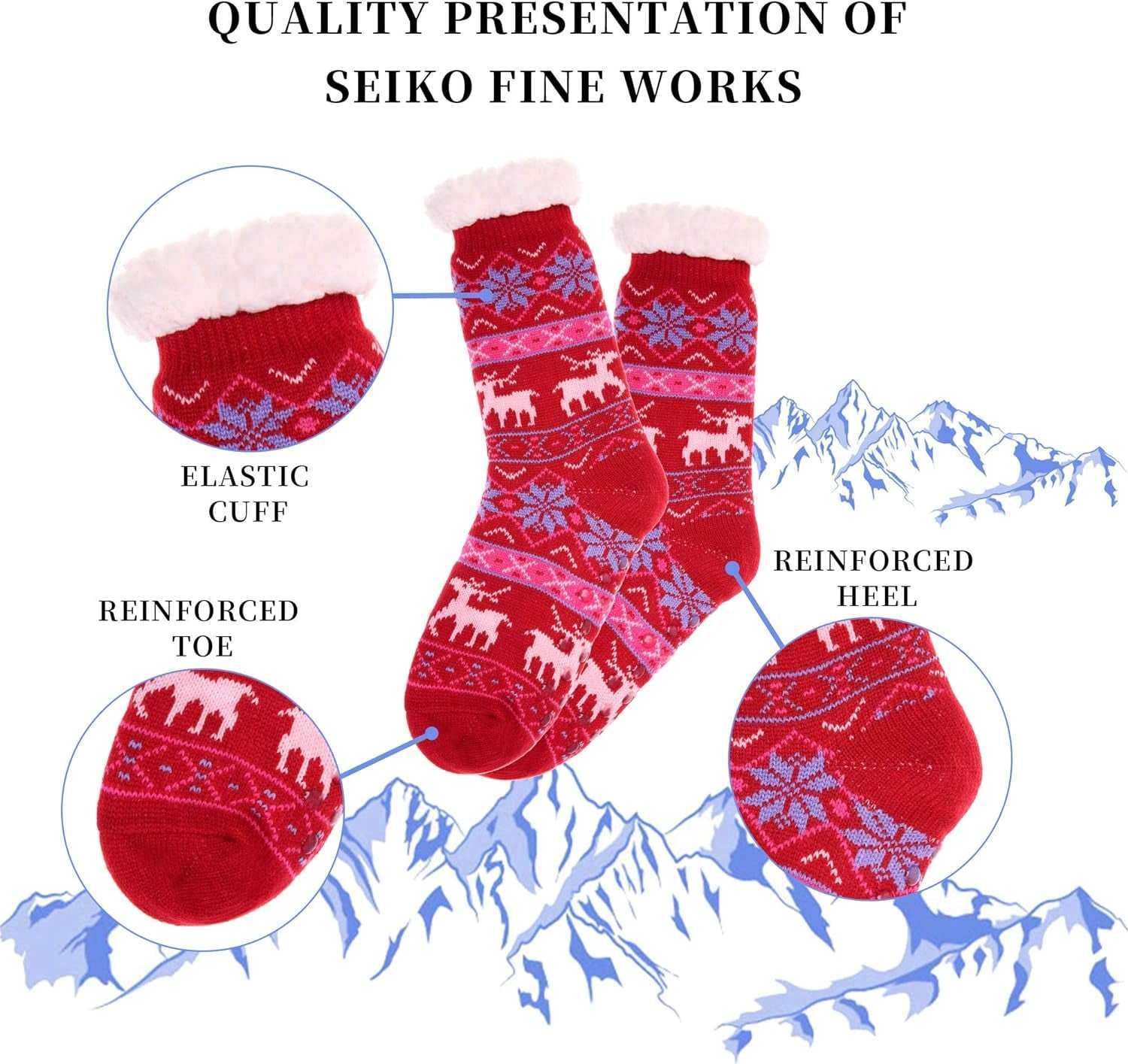 Red fleece-lined slipper socks with snowflake and deer patterns, featuring elastic cuffs, reinforced heels and toes, showcased against a winter background.