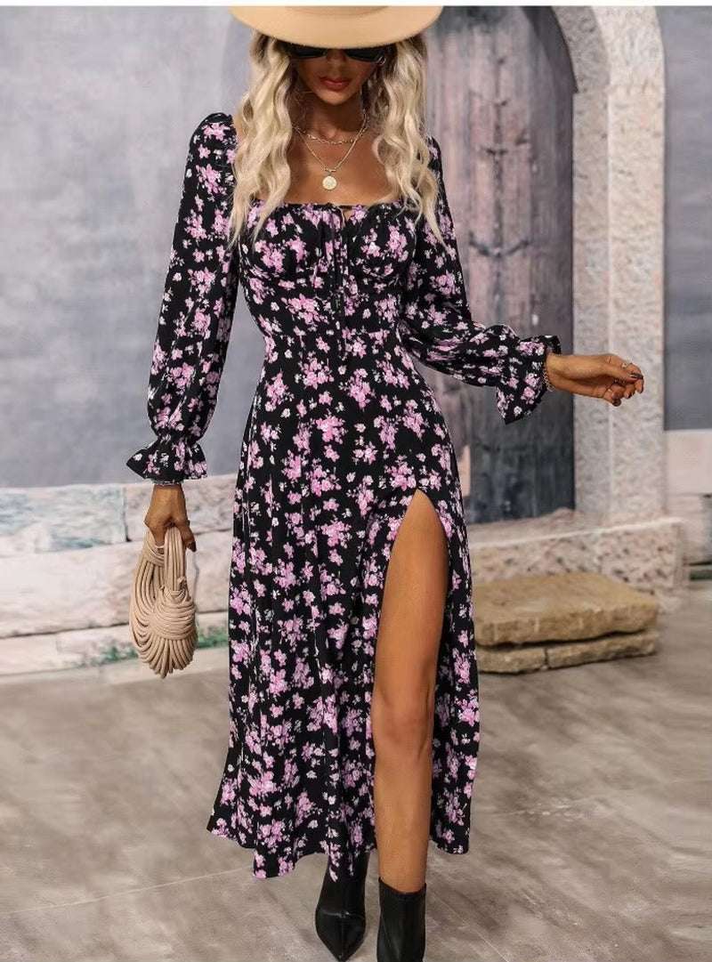 Women's spring fashion print split dress with square neck and wrap style, featuring vibrant floral design.