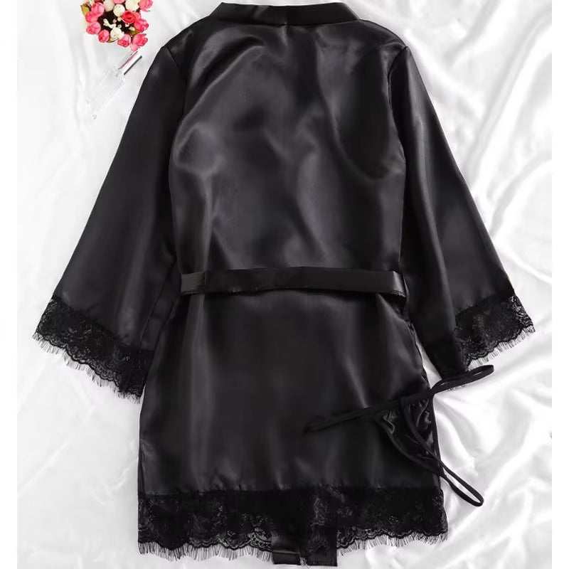 Black satin and lace robe from a 4-piece underwear set, featuring elegant design and luxurious fabric.