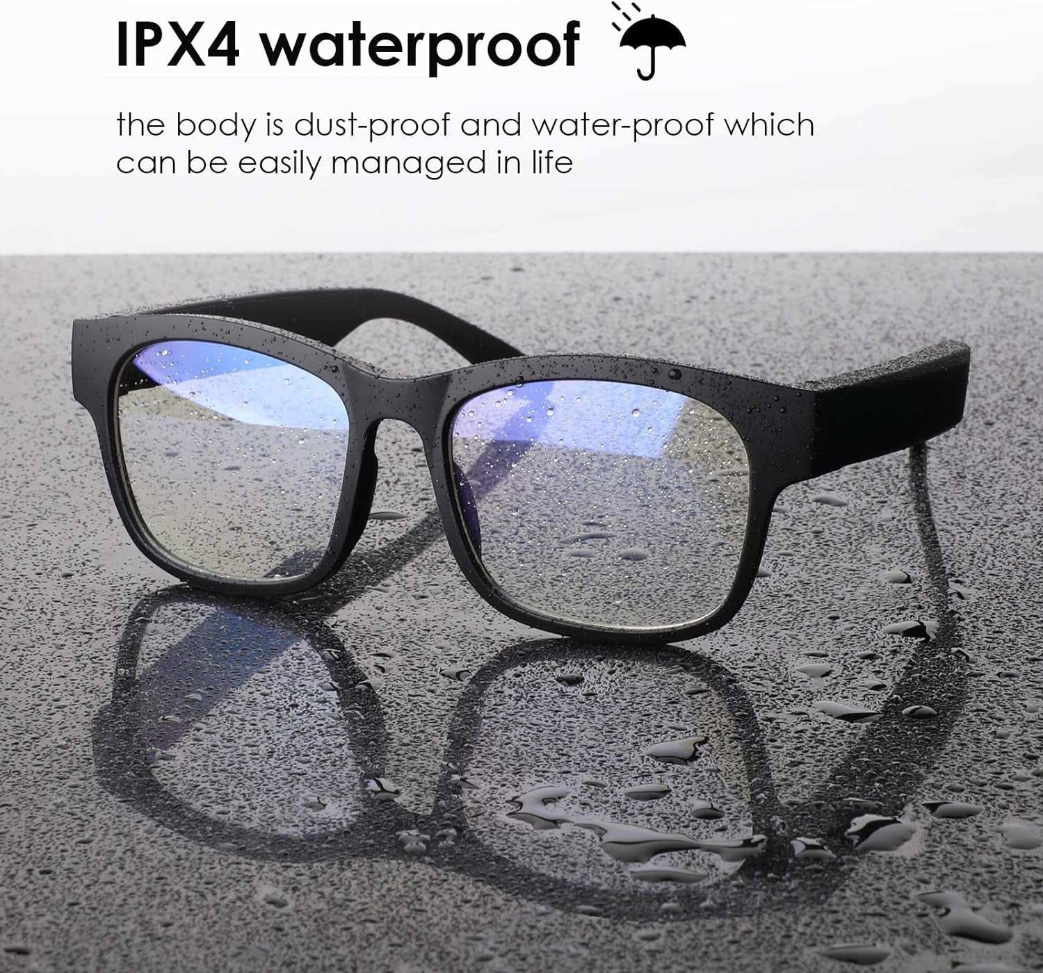 Smart audio Bluetooth sunglasses with IPX4 waterproof rating placed on a wet surface.